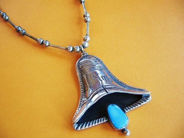 Vintage Liberty Bell Necklace Pendant Turquoise and Sterling Silver
