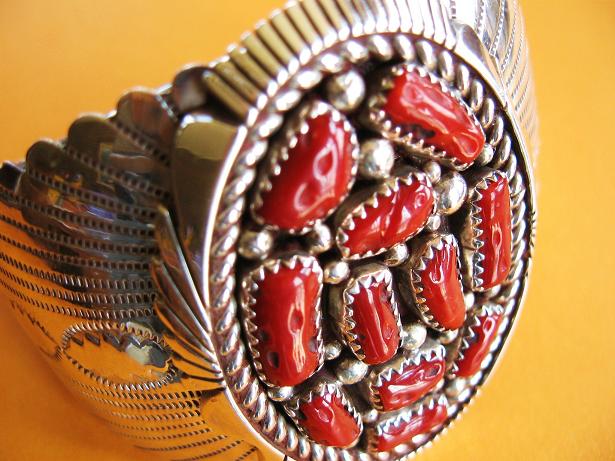 Vintage Sterling Silver Coral Southwestern Bracelet Cuff