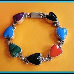 Vintage Sterling Silver Multi- Stone Heart Taxco Bracelet