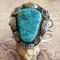 Vintage Sterling Silver Large Stone Turquoise Cuff Bracelet with Blossom Leaves