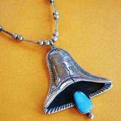 Vintage Liberty Bell Necklace Pendant Turquoise and Sterling Silver