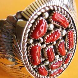 Vintage Sterling Silver Coral Southwestern Bracelet Cuff