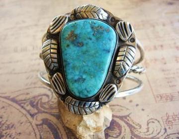 Vintage Sterling Silver Large Stone Turquoise Cuff Bracelet with Blossom Leaves